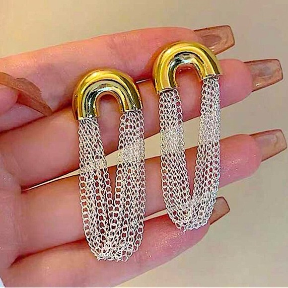 Gold Silver Chain Link Dangle Earrings Punk Retro Minimalist - Picture 9 of 10